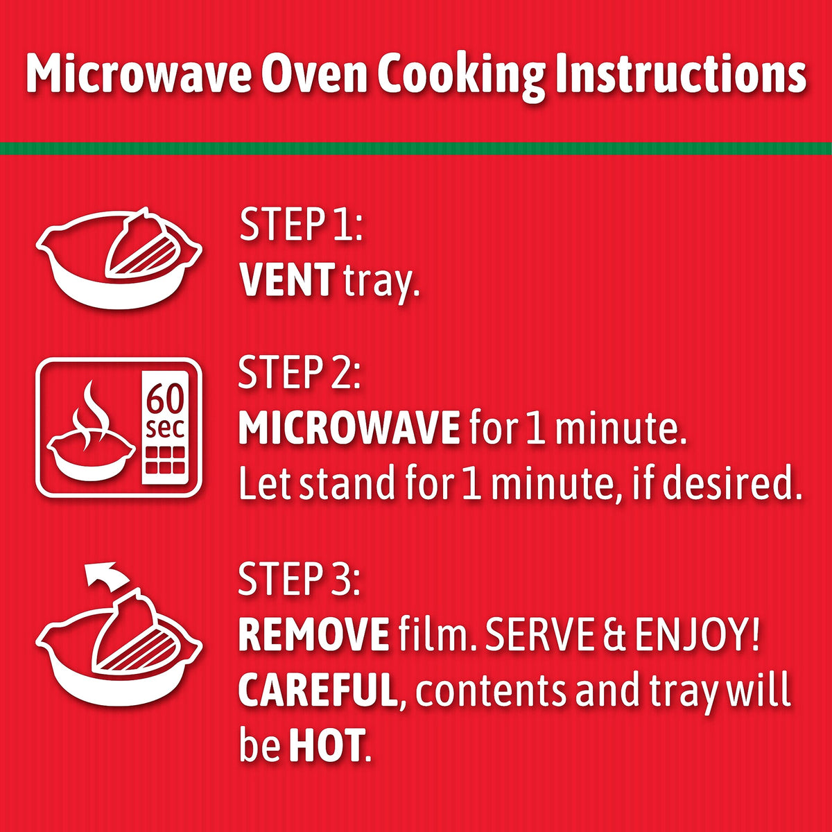 Microwave-ready tray showing a 60-second dinner, perfect for busy days.