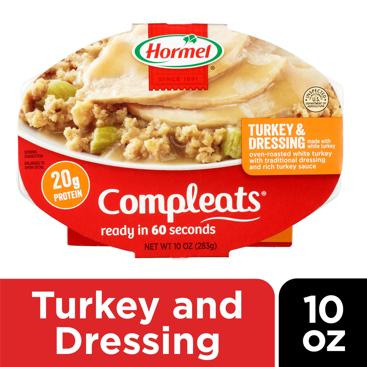 Hormel Compleats oven-roasted turkey with dressing, ideal for quick weeknight dinners.