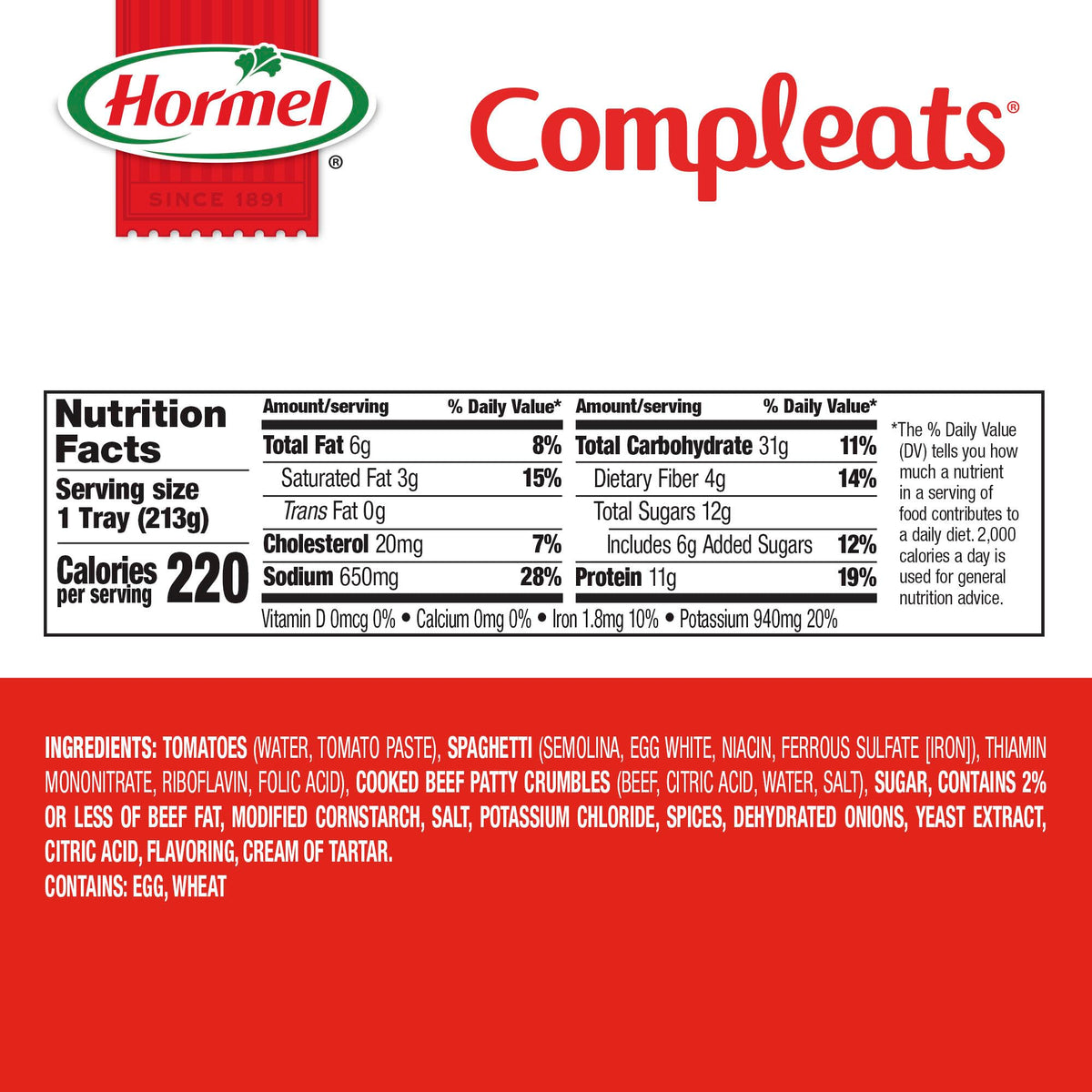 Hormel Compleats nutrition info showing 11 g protein per serving.