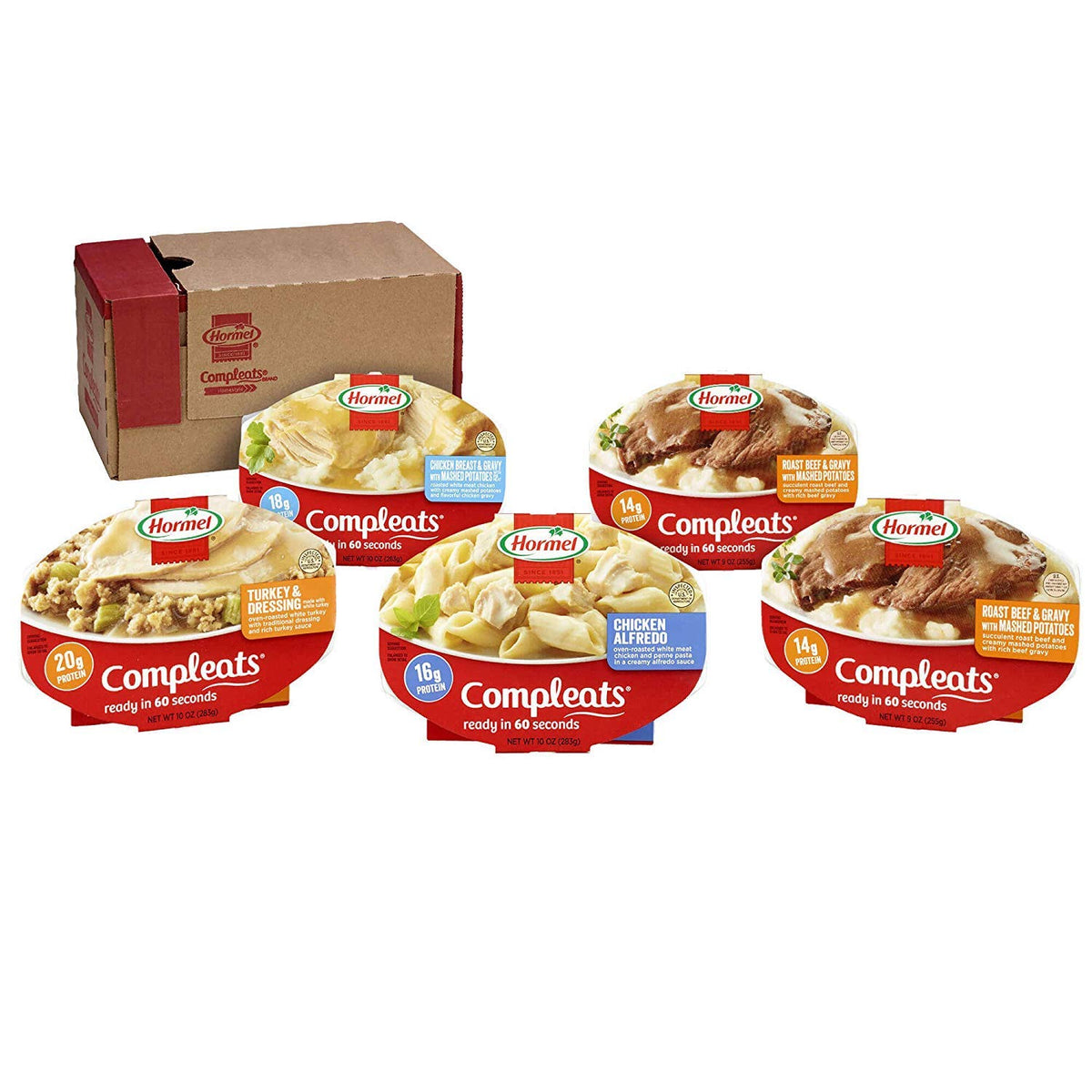 HORMEL COMPLEATS Protein Variety Pack front view for quick meals.