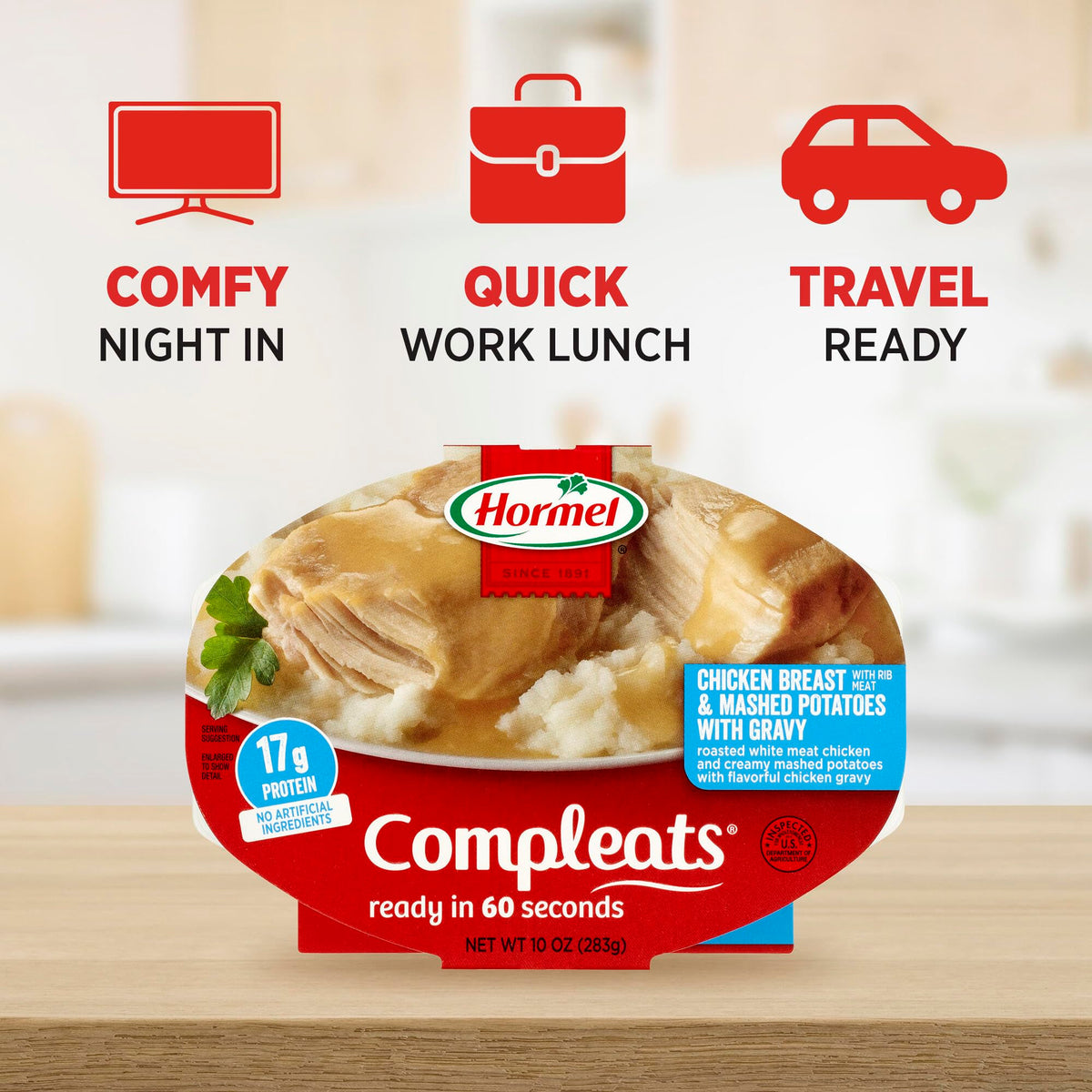 HORMEL COMPLEATS ready-in-60-seconds tray, ideal for busy days.