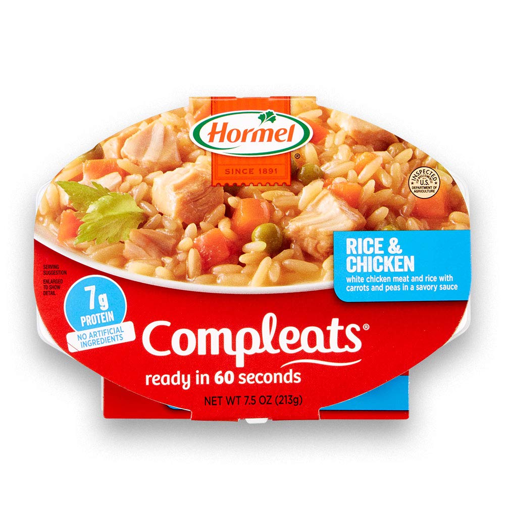 Hormel Compleats Rice and Chicken microwave tray ready-to-eat in minutes.