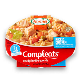 Hormel Compleats Rice and Chicken microwave tray ready-to-eat in minutes.