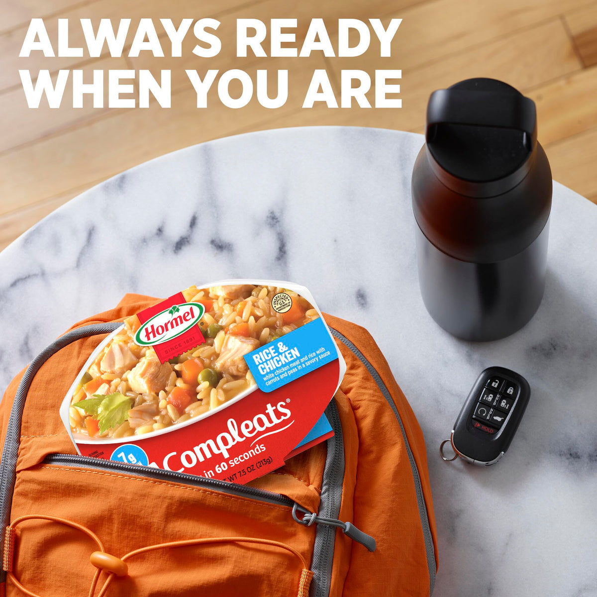 Hormel Compleats rice and chicken stored in pantry for quick meals.