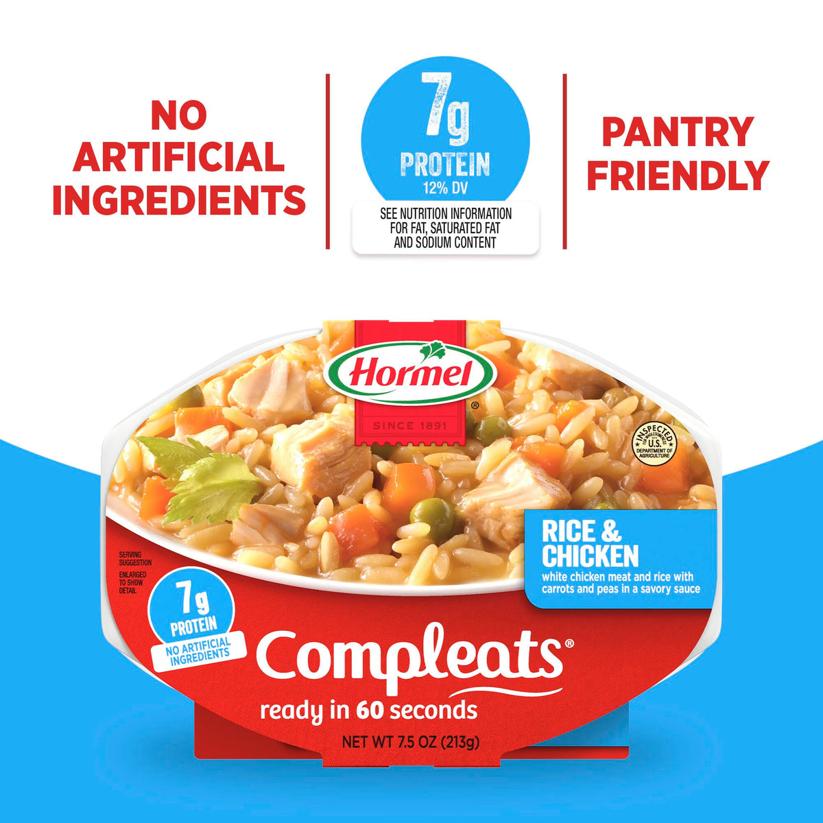 Ready in 60 seconds, Hormel Compleats Rice and Chicken.