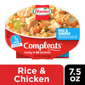 Hormel Compleats Rice and Chicken served in a bowl with tender meat.
