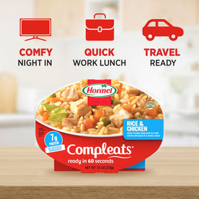 Hormel Compleats rice and chicken with carrots and peas for color.