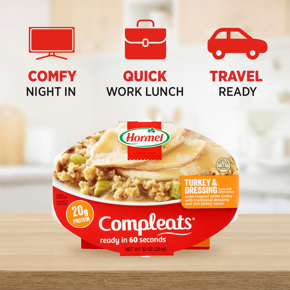 Hormel Compleats shelf-stable meal in pantry, no prep required.