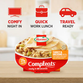 Hormel Compleats shelf-stable meal in pantry, no prep required.