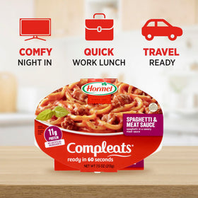 Hormel Compleats shelf-stable tray in pantry for easy meals.
