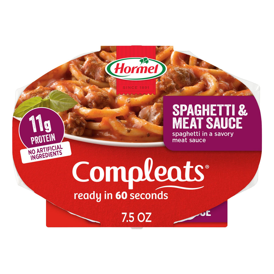 Hormel Compleats spaghetti and meat sauce tray ready in 60 seconds.