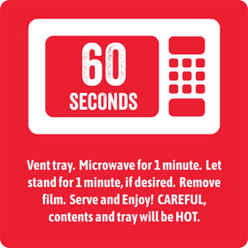Close-up of Stroganoff in a microwave-ready tray showing 60-second heat.