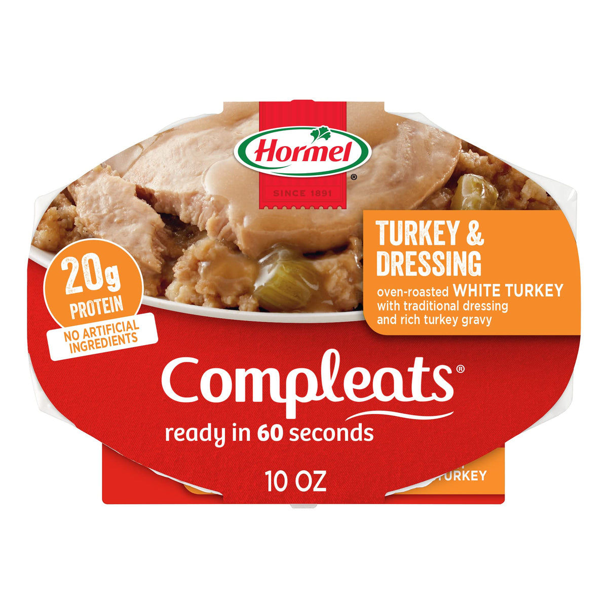 Hormel Compleats Turkey & Dressing tray close-up, ready-to-eat in 60 seconds.