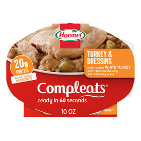 Hormel Compleats Turkey & Dressing tray close-up, ready-to-eat in 60 seconds.