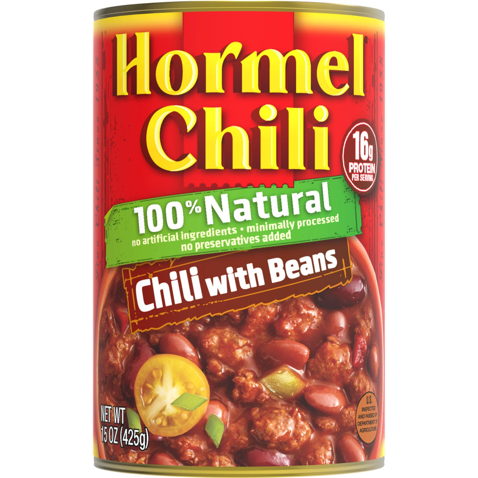 HORMEL Natural Chili with Beans cans on a shelf for quick meals.