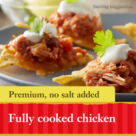 Hormel Premium No Salt Added chicken chunks stored in pantry for convenient protein.