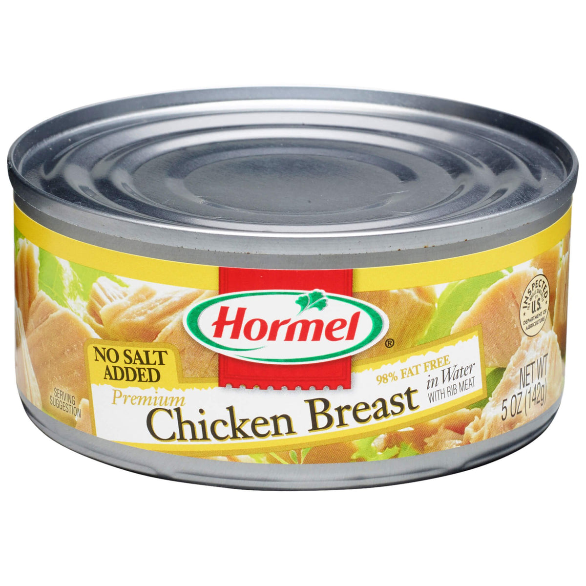 Hormel Premium No Salt Added chicken chunks in water, ready for quick salads and bowls.