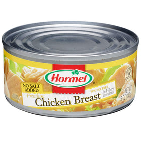 Hormel Premium No Salt Added chicken chunks in water, ready for quick salads and bowls.