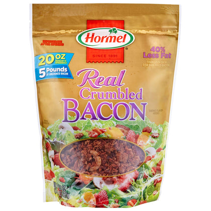 Hormel Premium Real Crumbled Bacon 20oz pouch enhances salads and recipes with rich flavor.