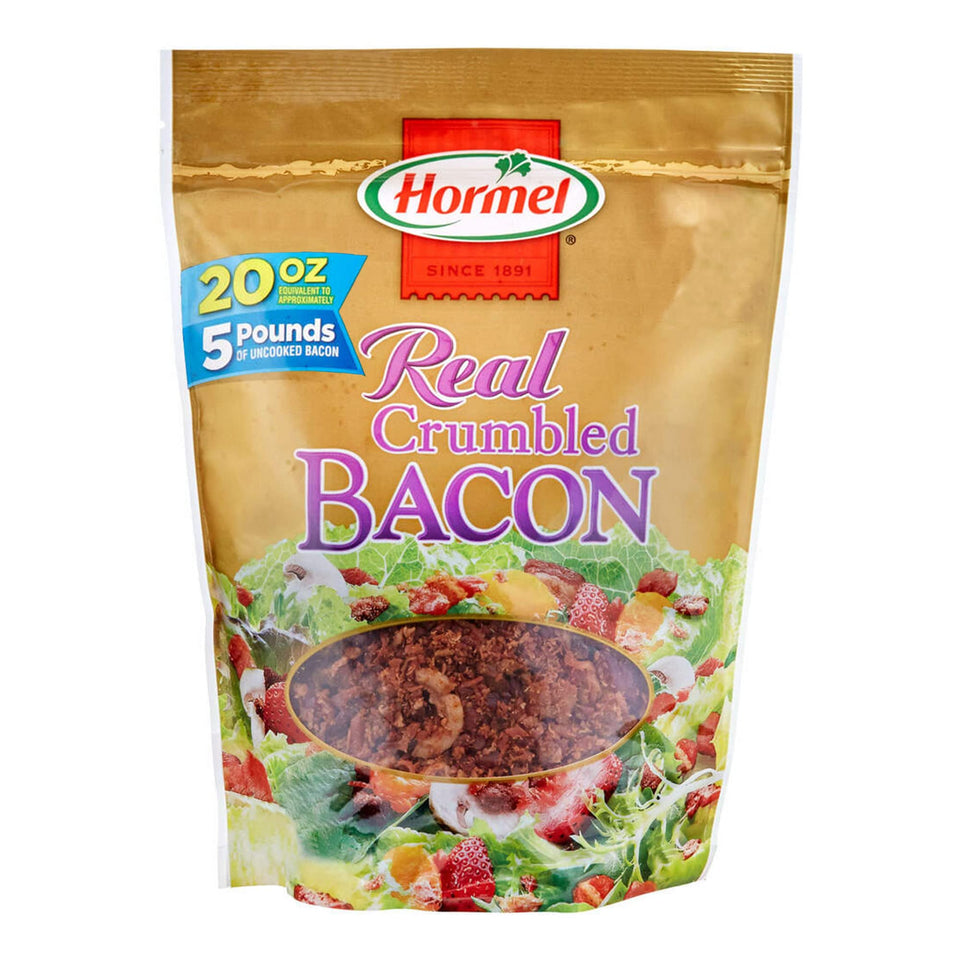 Hormel Real Crumbled Bacon in resealable pouch ready to top salads