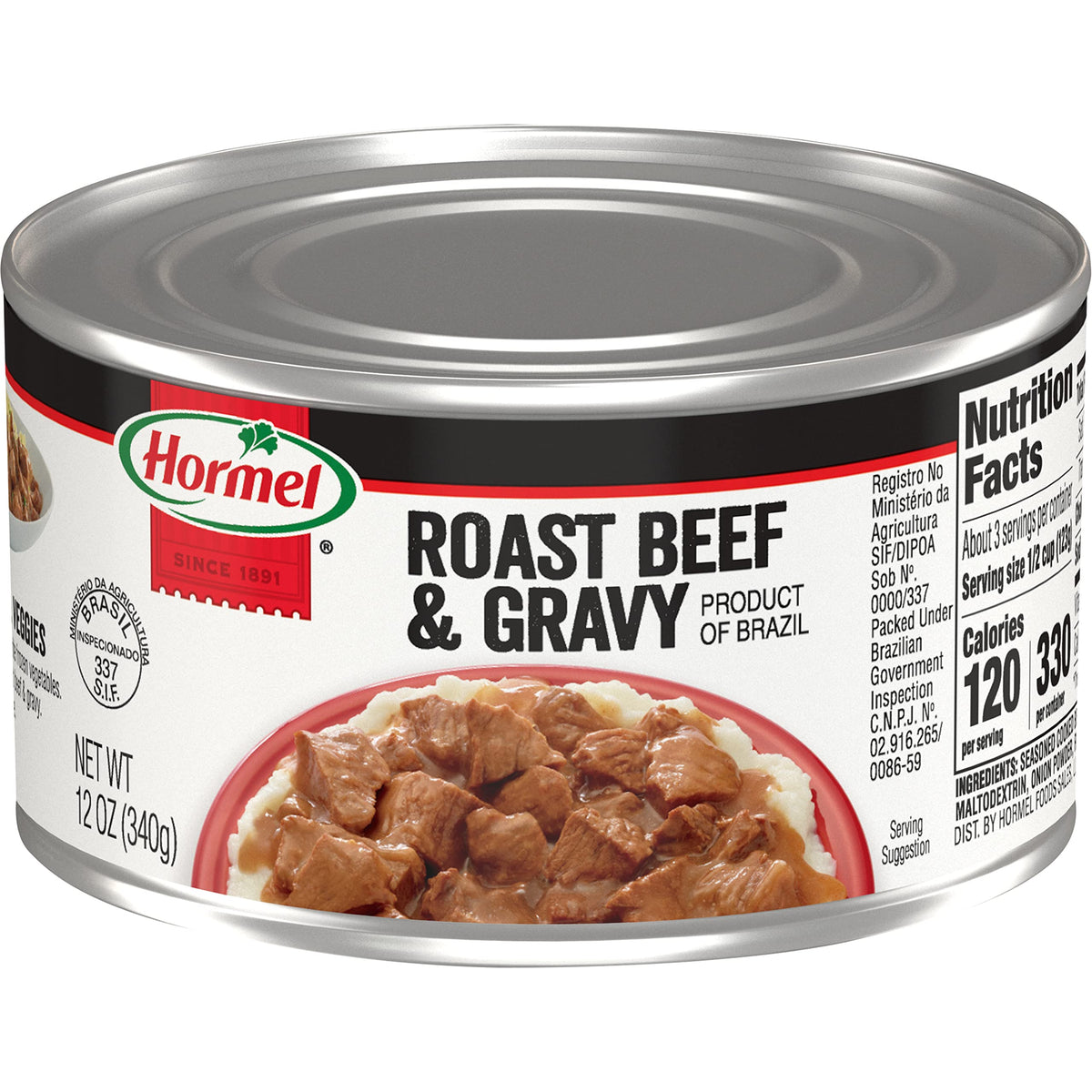 Hormel Roast Beef & Gravy can close-up, ideal for quick weeknight meals.