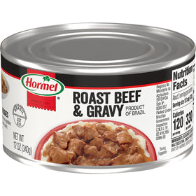 Hormel Roast Beef & Gravy can close-up, ideal for quick weeknight meals.