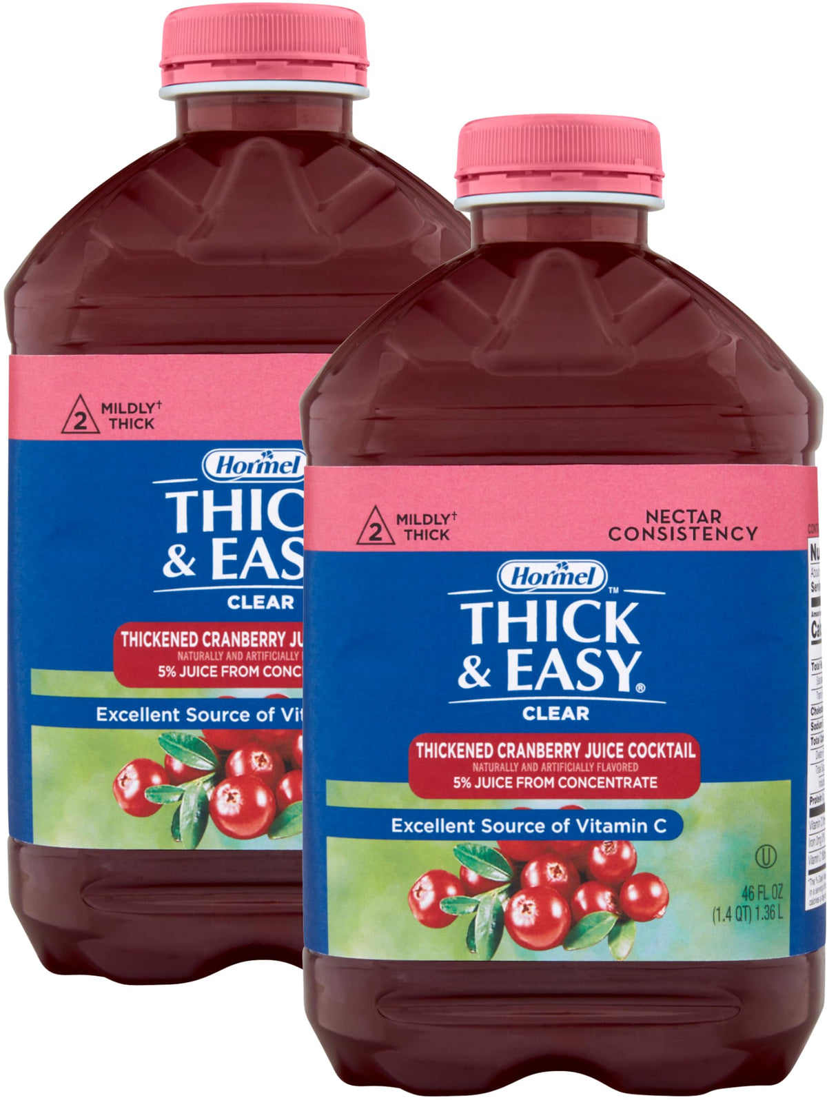 Hormel Thick & Easy cranberry juice bottle pour shows easy-to-serve thickened beverage.