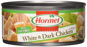 Hormel white and dark chicken in water 10oz can close-up, ready for quick meals, protein-rich option.