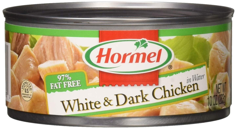 Hormel white and dark chicken in water 10oz can close-up, ready for quick meals, protein-rich option.