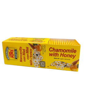 Close-up of Hornimans Chamomile Honey packaging highlighting organic chamomile.