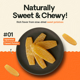 HOSHIMO close-up of sliced dried sweet potatoes highlighting chewy texture.