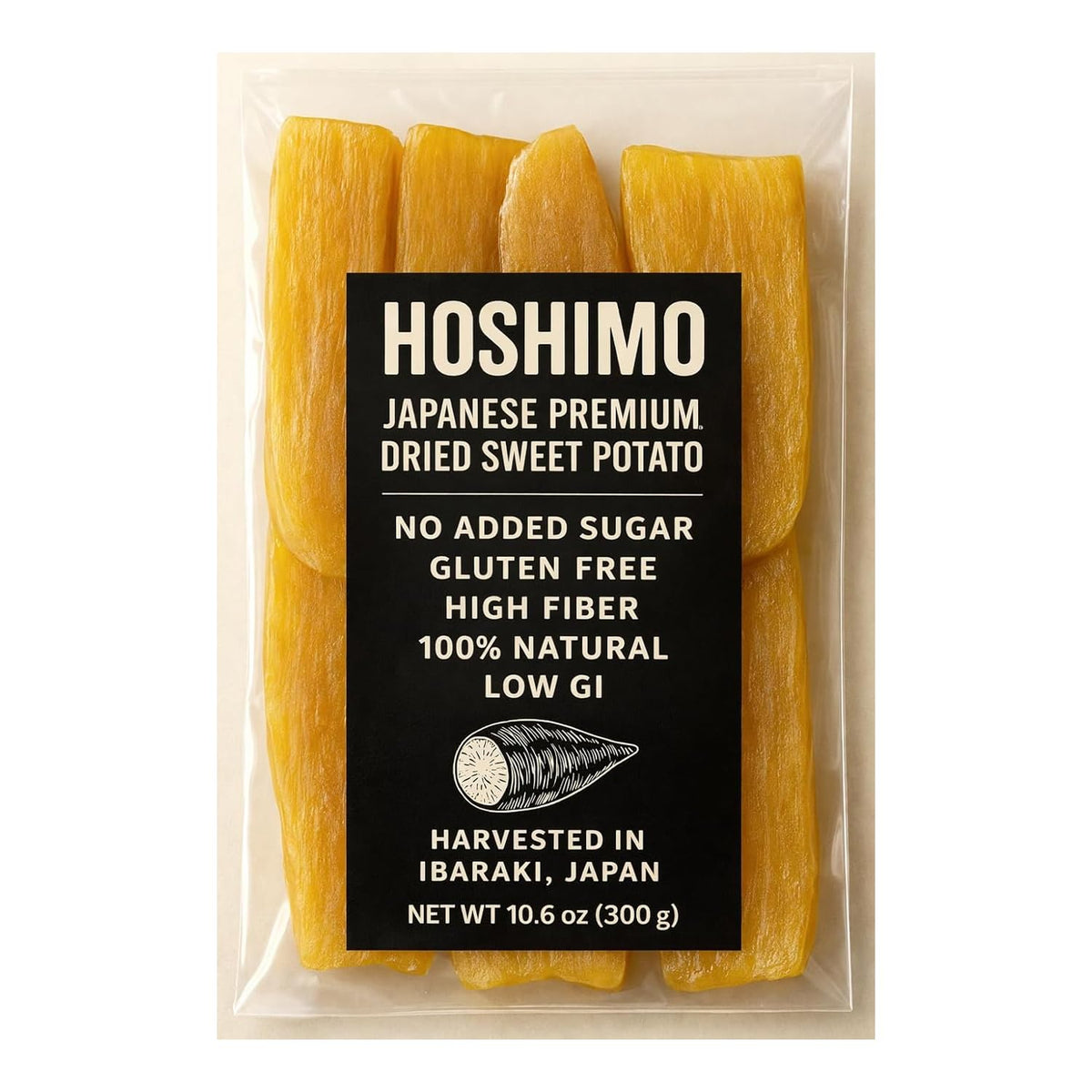 HOSHIMO packaging showcasing premium Japanese dried sweet potato snack with no additives.