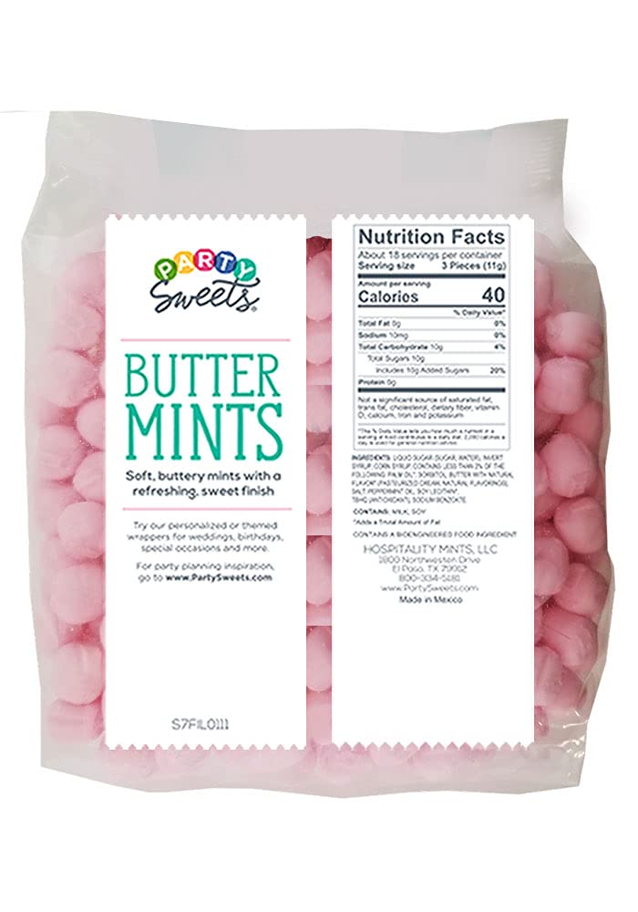 Hospitality Mints pink buttermints unwrapped display for favors and decor.