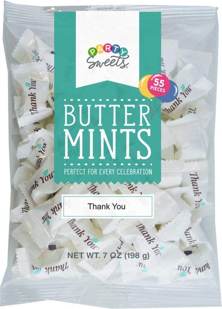 Hospitality Mints table decoration with confetti mint accents for events.