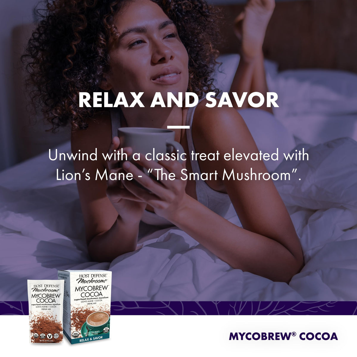 Host Defense MycoBrew Cocoa with Lion's Mane powder for a cozy, versatile drink