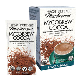 Host Defense MycoBrew Cocoa packet ready to mix for a rich, chocolatey drink
