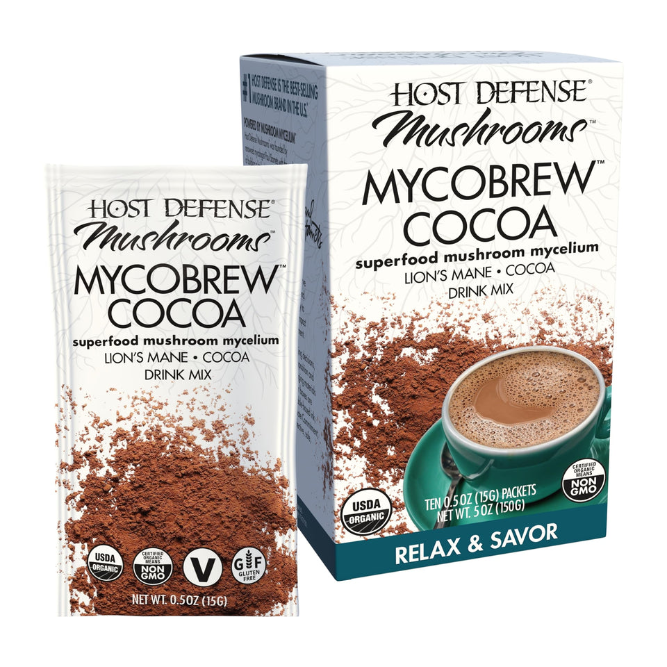 Host Defense MycoBrew Cocoa packet ready to mix for a rich, chocolatey drink