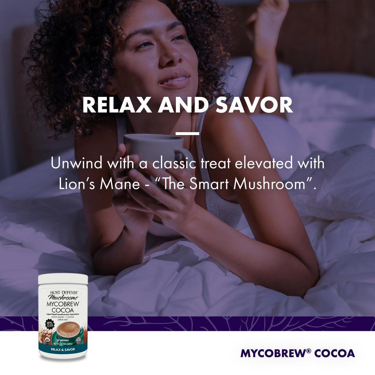 Host Defense MycoBrew Cocoa bag open, showcasing Fair Trade cocoa.