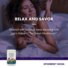 Host Defense MycoBrew Cocoa bag open, showcasing Fair Trade cocoa.