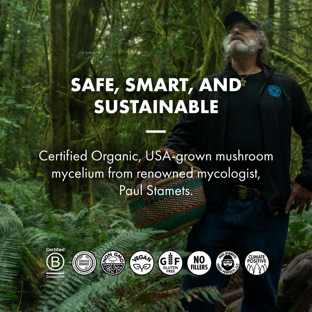 Host Defense MycoBrew Cocoa ingredients label highlighting organic, non-GMO, gluten-free components.
