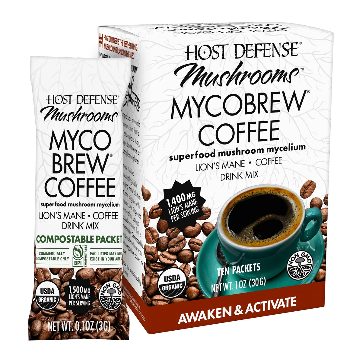 Host Defense MycoBrew Coffee packet front, convenient instant energy booster.
