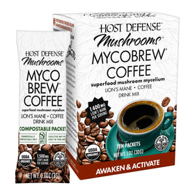 Host Defense MycoBrew Coffee packet front, convenient instant energy booster.