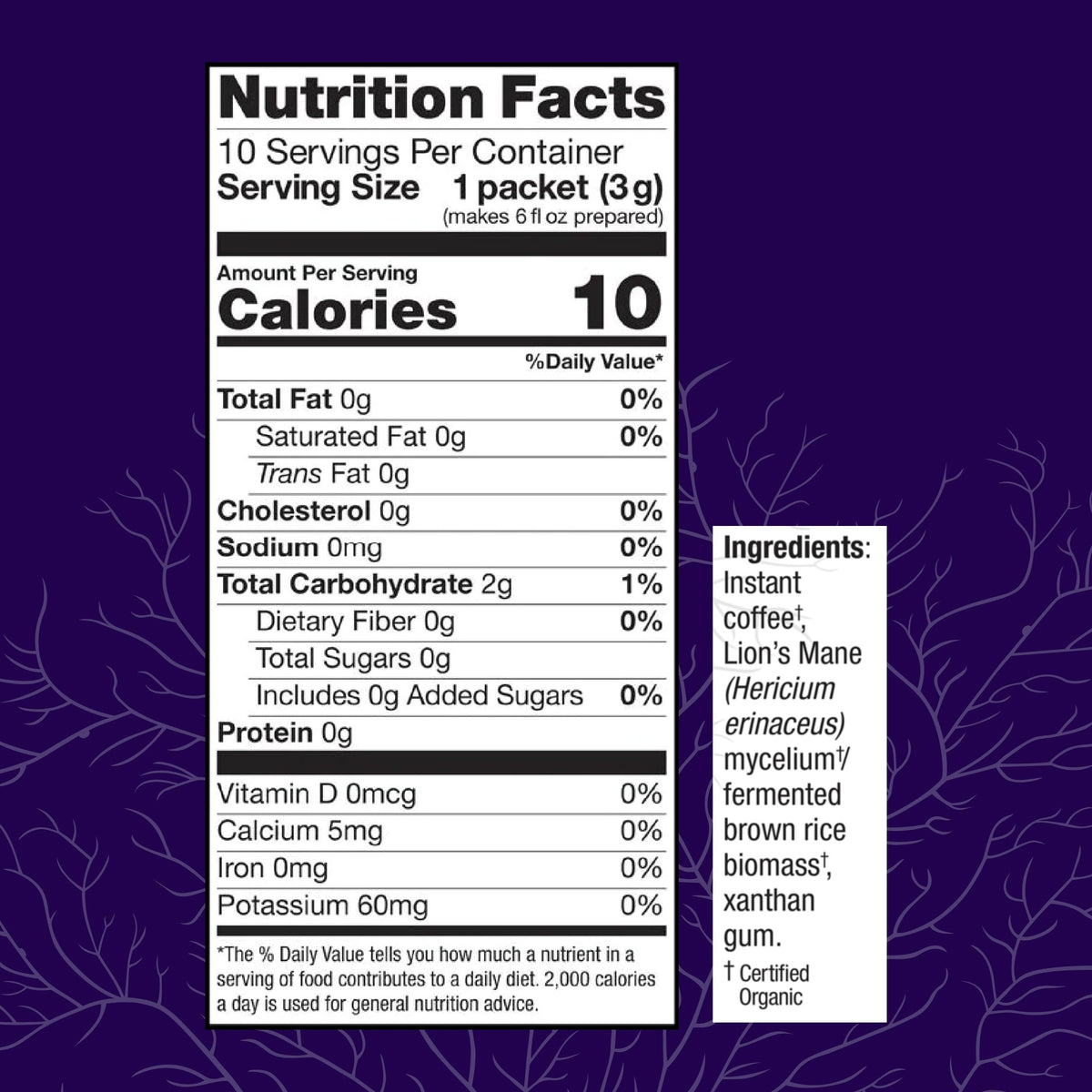 Host Defense MycoBrew Coffee packet side with ingredients for easy customization.