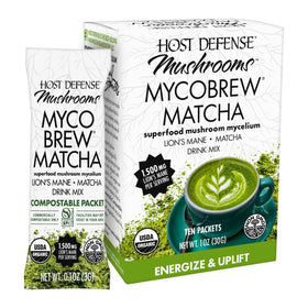 Host Defense MycoBrew Matcha packet closeup for on-the-go energy.