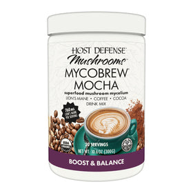 Host Defense MycoBrew Mocha packaging featuring cocoa and Arabica coffee blend