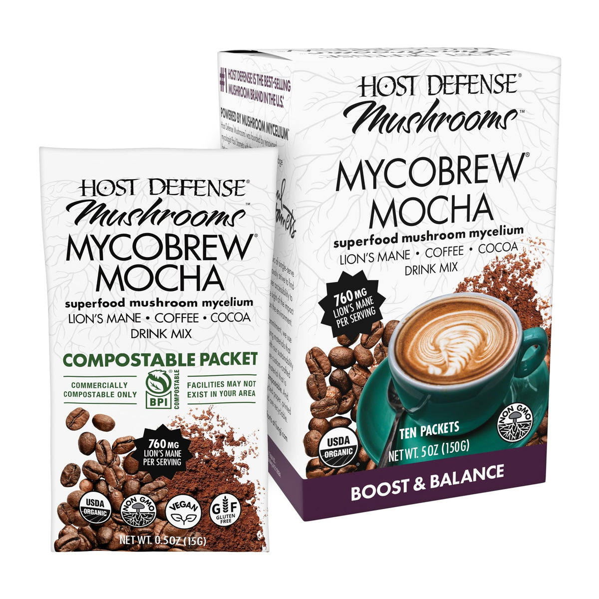 Host Defense MycoBrew Mocha packet label lists ingredients for a quick energy boost