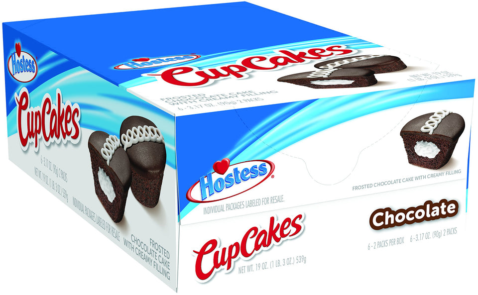 Hostess Chocolate CupCakes pack showing freshness seal with two moist cakes