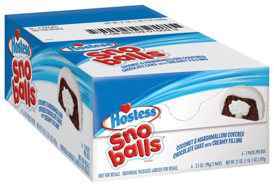Hostess Snoballs front view six-pack, ideal for on-the-go snacking.