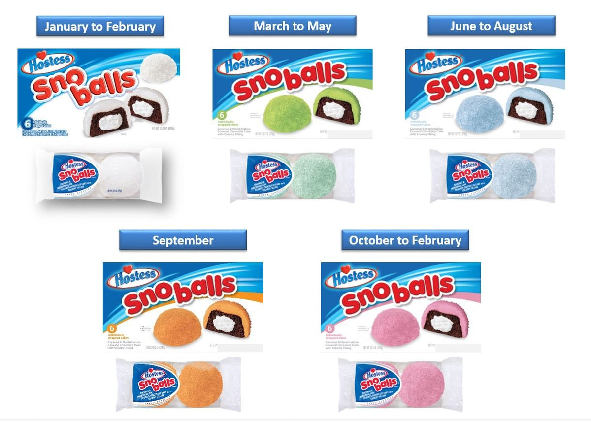 Hostess Snoballs seasonal packaging color variations offer visual variety.