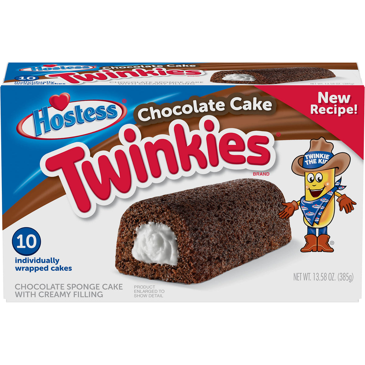 Hostess Twinkies chocolate cake packaging in a 10-count box, convenient on-the-go snacking.